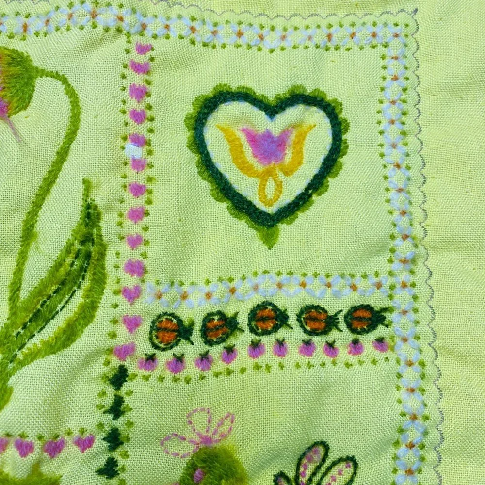 Vintage Handmade Embroiderd Felted Quilt  Baby Lap Flowerpower 60's